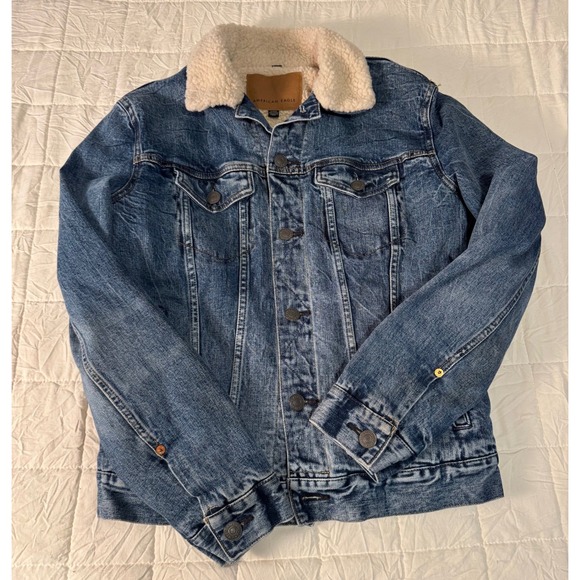 American Eagle Denim Trucker Jacket Sherpa Lined Collar Mens Small - Picture 1 of 7